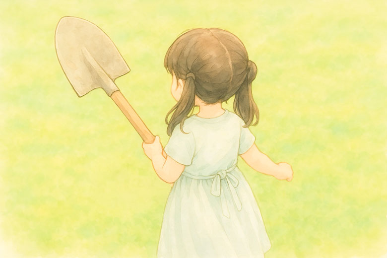 トンネルを掘ろうとシャベルを持つ女の子